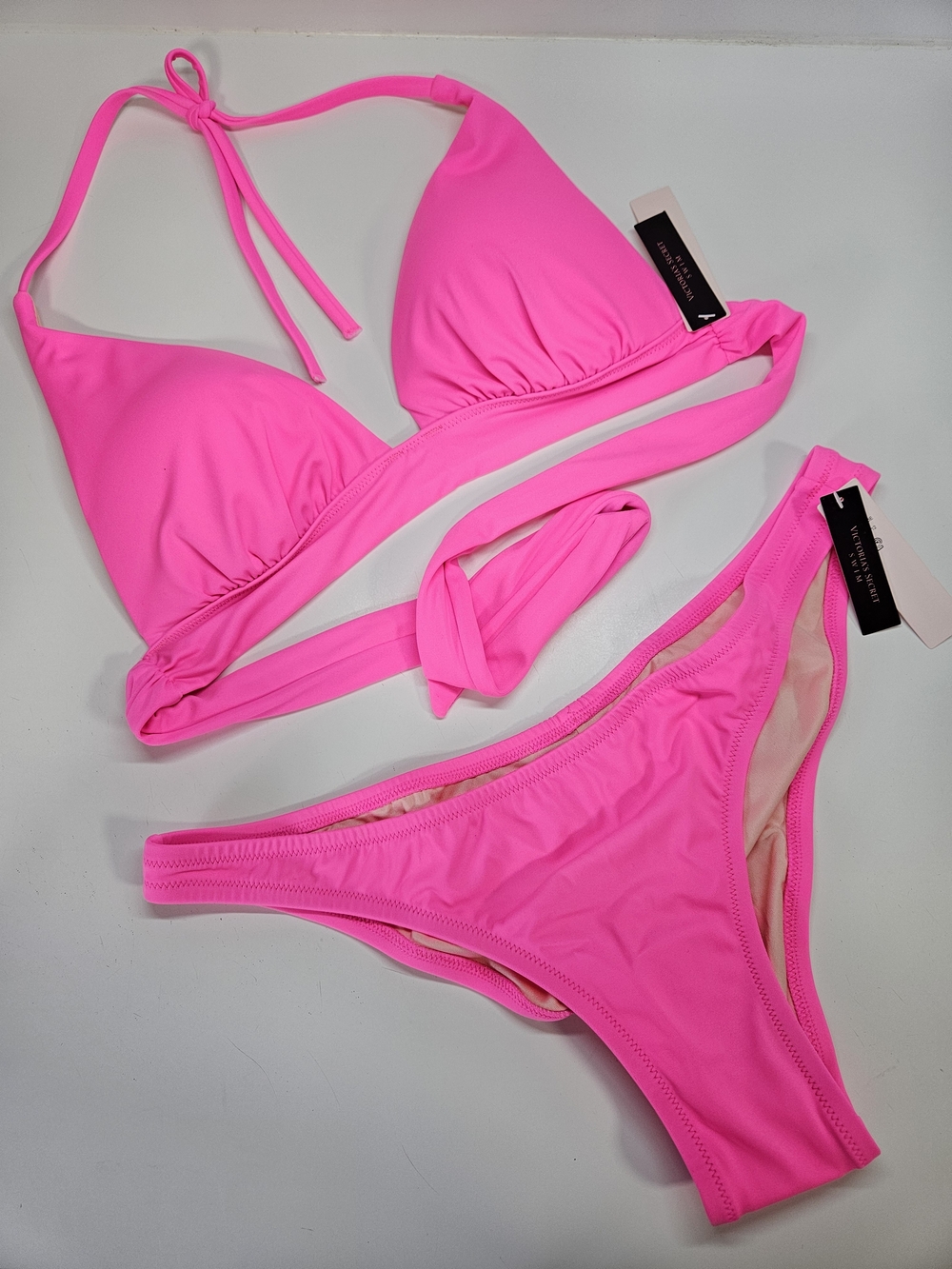 NEW Victoria's Secret Hot Pink Bikini Set Triangle Halter Brazilian Bottom M/L